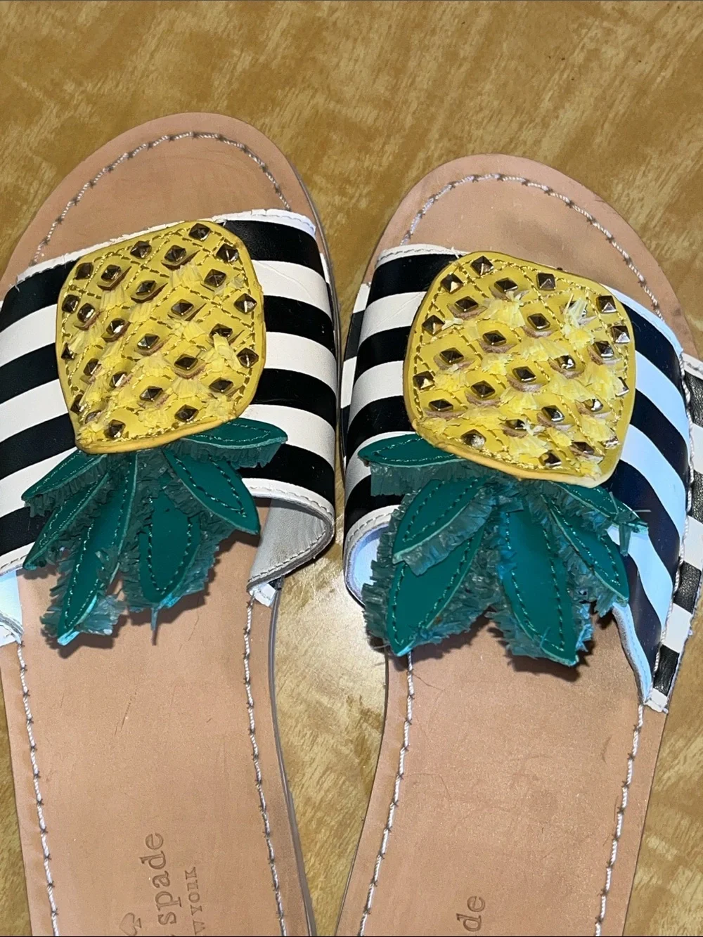 kate spade Black & White Stripe Pineapple Slide Sandals with Teal Leaves
